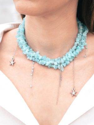 ΝΗΡΗΙΔΑ Κολιέ με Ημιπολύτιμες Γαλάζιες Χάντρες & Ατσάλινα Στοιχεία